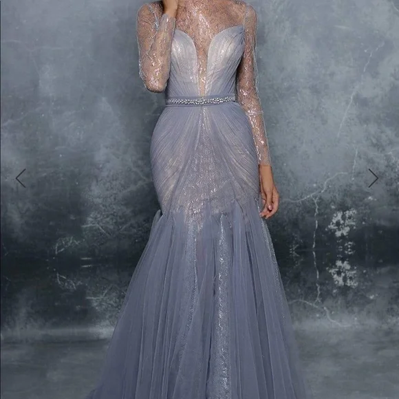 Tarik Ediz 96043 Illusion Long Sleeve Lace Bodice Tulle Mermaid Gown - Picture 1 of 12